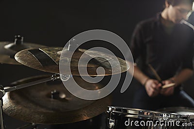 Close Up Of Cymbals On Drummer's Drum Kit Stock Photo