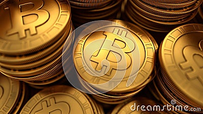 Close up 3D illustration of paneled golden Bitcoins Cartoon Illustration