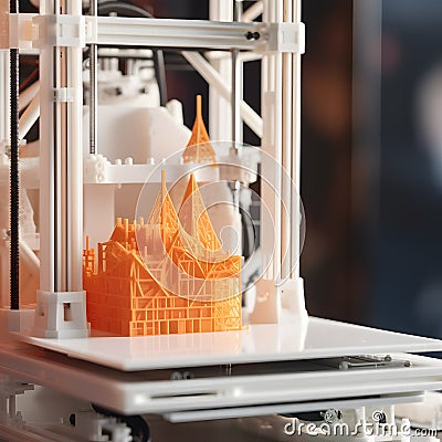 close-up of a 3D printer creating a small intricate model one generative AI Stock Photo