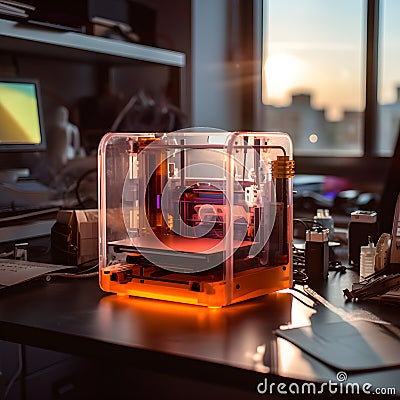 Close-up of a 3D printer on a desk in a laboratory. AI Generative Stock Photo
