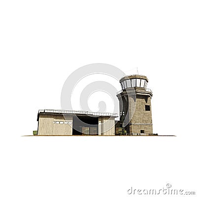 Close-up of a 3D rendered scale model of a watch tower with a logo and green crates Stock Photo