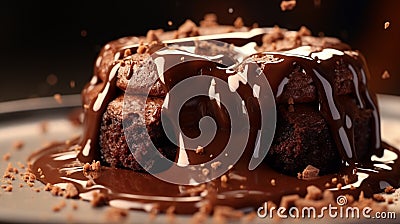 A close-up of a dark chocolate lava cake oozing with molten chocolate from the center Stock Photo