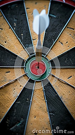 Close Up of Dart Hitting Bullseye in Precise Aim for Success Stock Photo