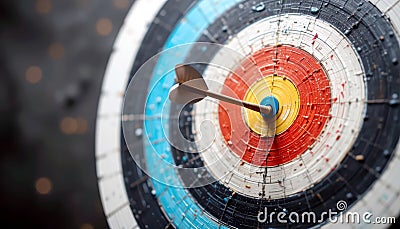 close up of dart hitting center of colorful target, symbolizing precision and focus Stock Photo