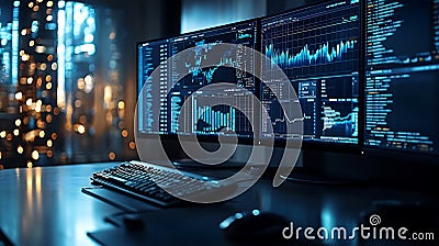 close up of data analyst desk featuring multiple monitors displaying financial charts and graphs, creating focused and analytical Stock Photo
