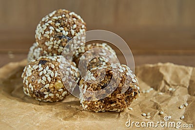 Close up of dates oatmeal balls. No cook energy bites, selective focus Stock Photo