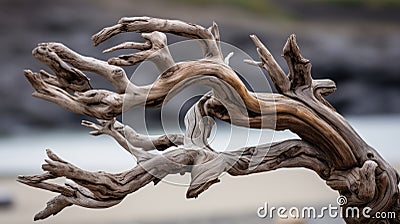 a close up of a dead tree branch with a beach in the background Stock Photo