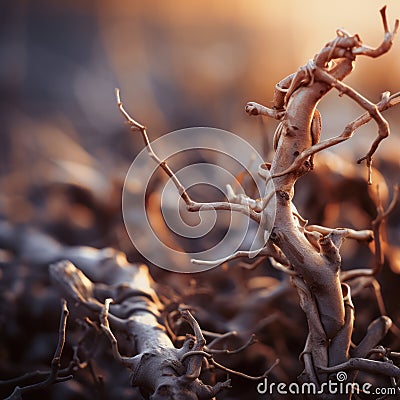 a close up of a dead tree branch with a sunset in the background Stock Photo