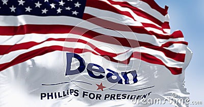 Close-up of Dean Phillips election campaign flag and the American flag waving Cartoon Illustration