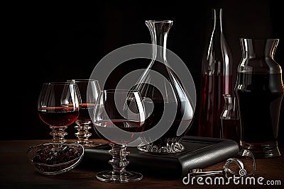 close-up of decanter and glasses, with pour of red wine visible Stock Photo