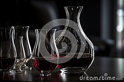 close-up of decanter, with wineglasses and glasses visible in the background Stock Photo