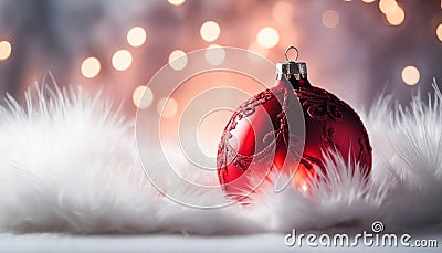 Close up of decorative red baubles on white fur. Stock Photo