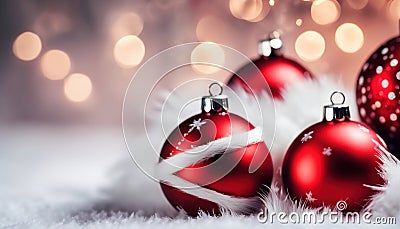 Close up of decorative red baubles on white fur. Stock Photo