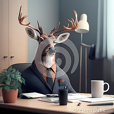 Deer Businessman In The Office. Generative AI Stock Photo