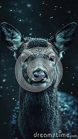 A close up of a deer in the snow, animalistic wallpaper background Stock Photo