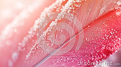 Close-Up of a Delicate Feather with Dew Drops and Soft Color Gradient Creating a Serene and Ethereal Atmosphere Stock Photo