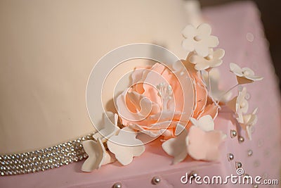 Close up of delicate icing floral decoration on a tiered cake, embellished with velvet pastel pink icing and sugar flowers Stock Photo