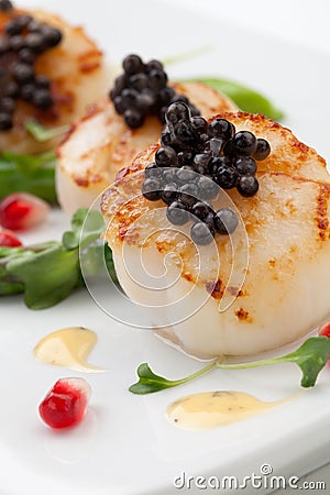 Scallops and Black Caviar Stock Photo