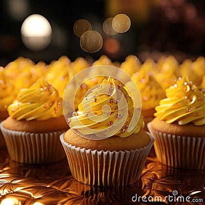 Close-up Delicious appetizing yellow cupcakes with lots of cream and sprinkles Stock Photo