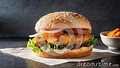 Close-up of delicious fresh tasty chicken burger. Tasty fast food Stock Photo