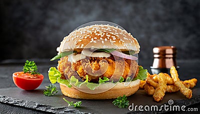 Close-up of delicious fresh tasty chicken burger. Tasty fast food Stock Photo