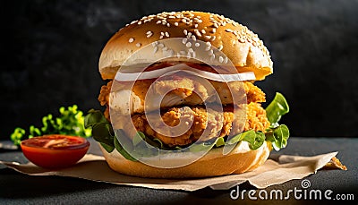 Close-up of delicious fresh tasty chicken burger. Tasty fast food Stock Photo