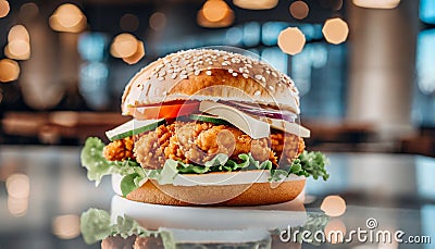Close-up of delicious fresh tasty chicken burger on table. Cafe interior. Tasty fast food Stock Photo