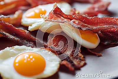 Close up of Delicious Hard Fried Eggs and Bacon Stock Photo
