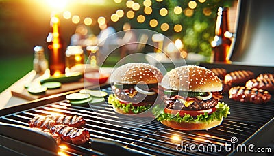 Backyard BBQ Party with Juicy Hamburgers on Grill, AI Generated Stock Photo