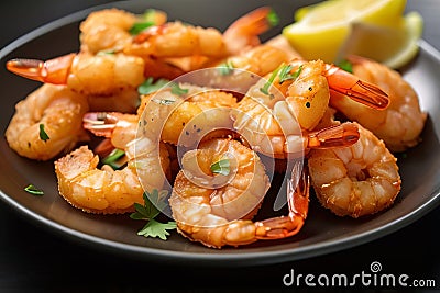 Close-Up Delight: Fried Shrimp with Garlic in Mouthwatering Detail. Stock Photo