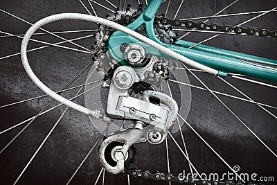 Close up of the derailleur of a vintage seventies racing bicycle Stock Photo