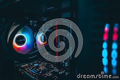 PC Gaming and water cooling cpu with LED RGB light show status on working mode Editorial Stock Photo