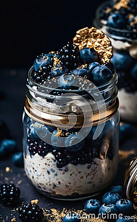 A close up of a dessert in a jar renaissance blue and black color scheme Stock Photo