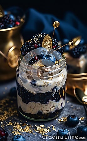 A close up of a dessert in a jar renaissance blue and black color scheme Stock Photo
