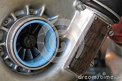 Close up detail of czechoslovakian turbocharger with fan blades and center axle Editorial Stock Photo