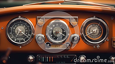 Close up detail with the dashboard interior of a vintage car, Luxurious leather interior of a retro car control panel Stock Photo