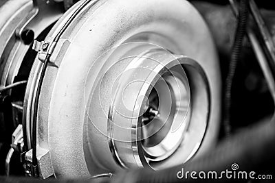 Close up detail of a diesel engine turbocharger , side view with selective focus Stock Photo