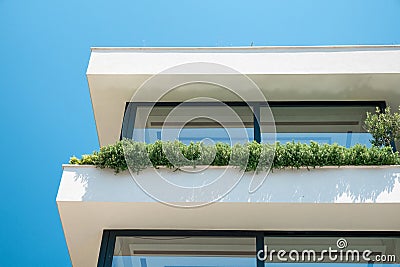 Close up detail of modern residential apartment building exterior with green plants on balcony. Modern sustainable Stock Photo