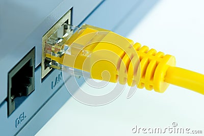 Close up Detail of RJ45 Yellow Network Cable Editorial Stock Photo