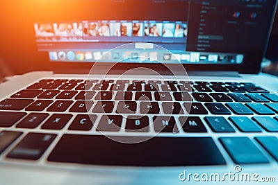 Close up detail view of a laptop computer keyboard with high contrast. Stock Photo