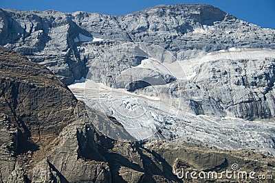 Close up detail, view of the pyrenean 'Monte Perdido' glacier from the Marbore or Tuca Roya valley Stock Photo