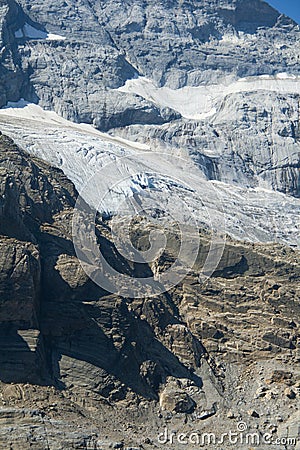 Close up detail, view of the pyrenean 'Monte Perdido' glacier from the Marbore or Tuca Roya valley, vertical photo Stock Photo