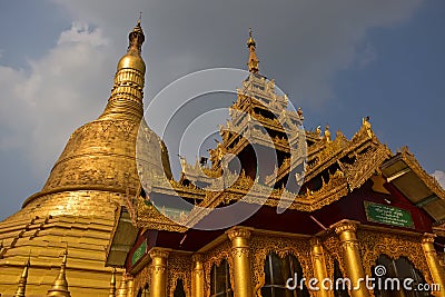 Close up detailed architecture of tallest giant stupa & house of worship in Shwemawdaw Pagoda at Bago, Myanmar Editorial Stock Photo