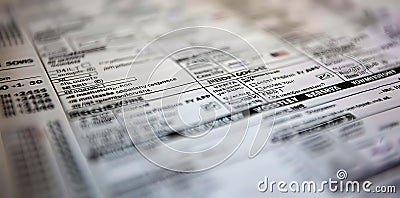 A close-up of a detailed document, likely a form or report, with various data fields Stock Photo
