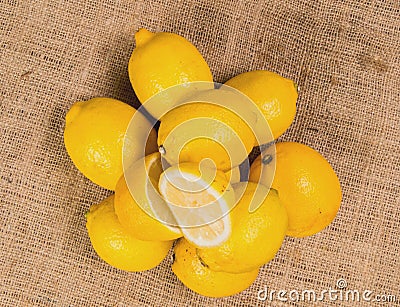 Close up detailed lemons with salad on a canvas Stock Photo