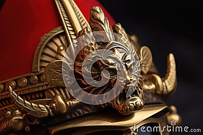 close-up details of a brass emblem on a vintage firefighter helmet Stock Photo