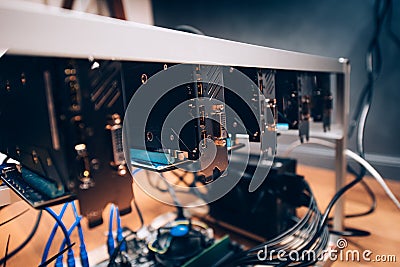 Crypto currency digital coins mining rig, graphics cards mining rig. bitcoin and blockchain technology Stock Photo