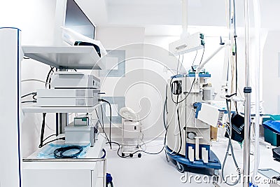 Close up details of hospital operating room interior. Medical devices and life support monitors Stock Photo