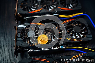 Close up details of modern mining business with gpu, graphics cards used for creating bitcoin digital currency Stock Photo