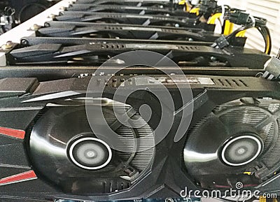 Details of Modern Mining rig with gpu Graphics card Used For Creating Bitcoin Currency Stock Photo